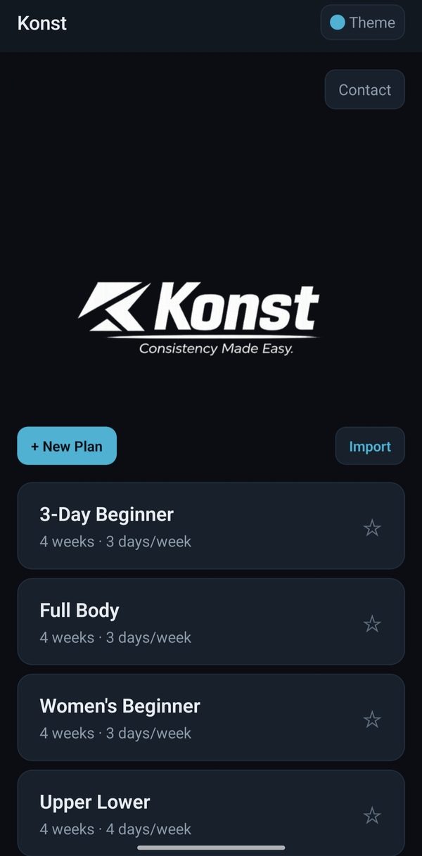 Konst home screen listing starter plans: 3-Day Beginner, Full Body, Women’s Beginner and Upper Lower