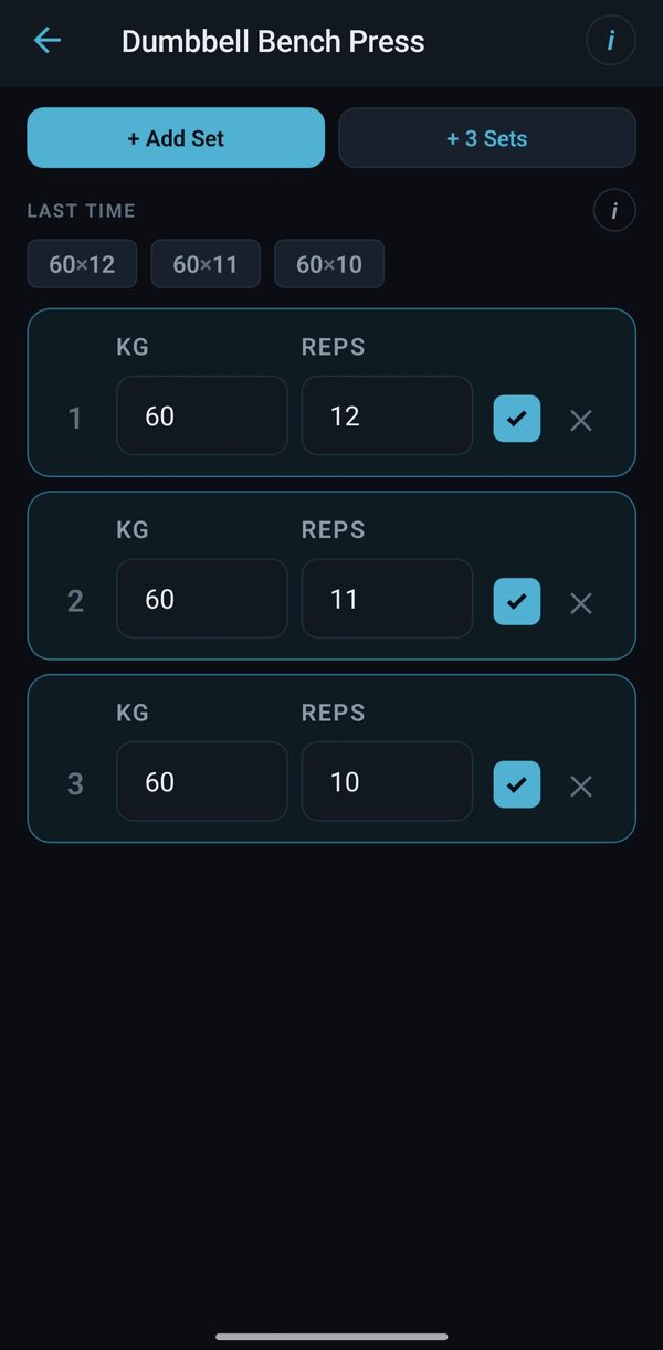 Logging dumbbell bench press sets, with last time’s 60 kg for 12, 11 and 10 reps shown above