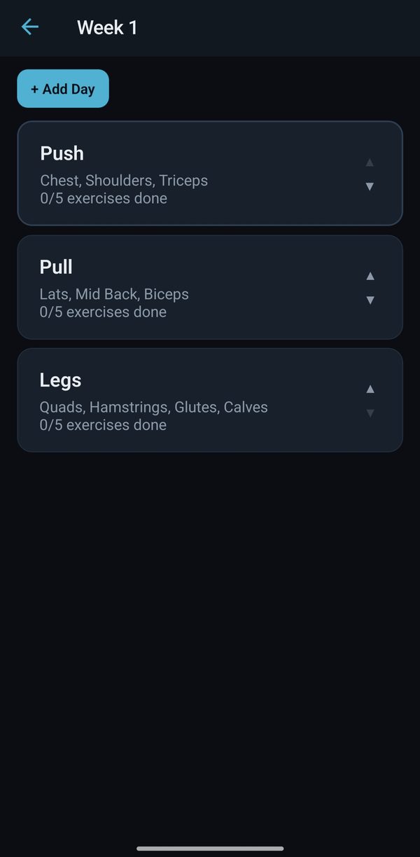 A training week with Push, Pull and Legs days and how many exercises are done in each